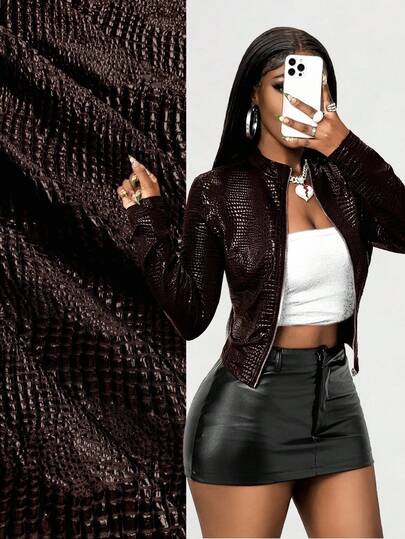 BamGleam Burgundy Faux Leather Texture Slim Fit Zip-Up Jacket With Stand Collar