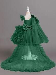 女宝宝拖尾礼服，一周岁生日庆祝派对礼服 - 墨綠色 - 查看 2