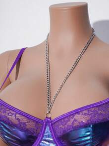 5pcs Set Luxury Shimmering Purple & Silver Chain Deep V Halter Sexy Lace Patchwork Lingerie Set - Purple - View 8