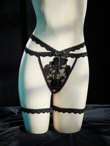 SpicyHot 3pcs/Set Women's Lace Patchwork Extremely Sexy Panty Set - Black - View 6