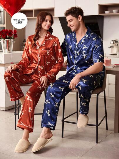 SHEIN Conjunto de pijama de camisa y pantalones con estampado de mariposa de seda sintética para hombre