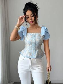 Elenzga Áo nữ tay ngắn dáng ôm eo, chất liệu jacquard vàng cổ điển thanh lịch, cổ vuông, thắt nơ duyên dáng, thích hợp cho hẹn hò, đi chơi, dự tiệc, dã ngoại, họp mặt gia đình, ngày lễ động, các ngày lễ khác, mùa tựu trường. - Màu xanh lam - Xem 4