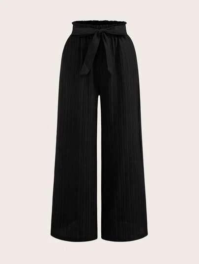 Olithes Women's Solid Color Paper Bag Waist Casual Wide Leg Pants Women's Pants Baggy Pants Black Pants Elegant Women's Pants