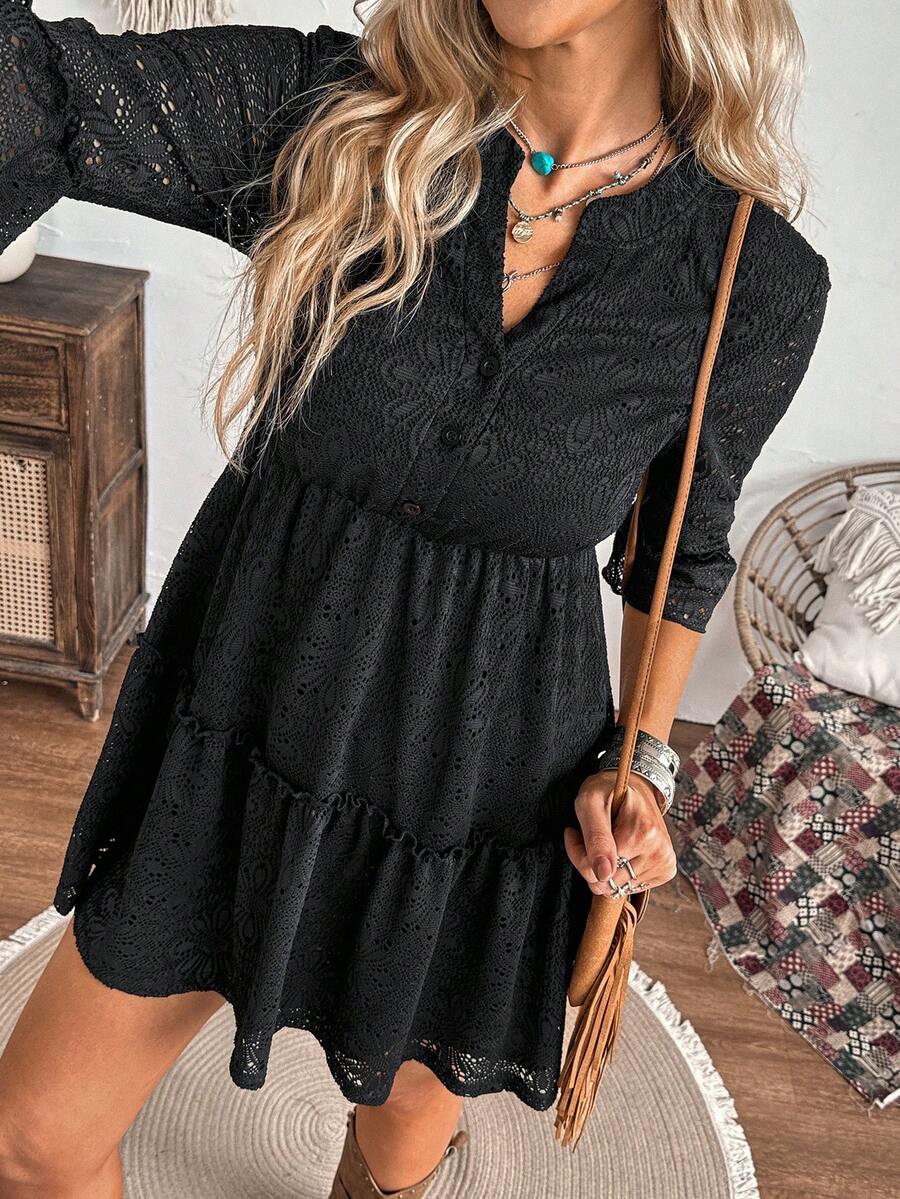 LanaWest 女士春夏西部乡村音乐风格黑色针织提花镂空V领喇叭袖A字连衣裙 - 黑色 - 查看 1