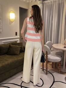 Pariaura 年轻时尚简约法式风格日常通勤度假黑白条纹圆领不对称金属纽扣下摆开衩修身针织上衣，百搭罗纹针织面料，春夏秋三季皆宜 - 淺粉色 - 查看 2