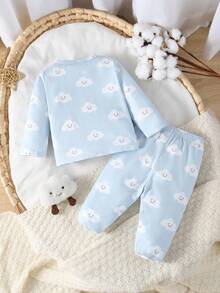 2pcs Newborn Long Sleeve Cardigan & Footed Pants Set, Cute Cloud Print Knit Fabric Homewear - Baby Blue - View 2