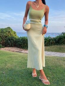 Livesso Women's Vacation Striped Casual Fashion Knit Slip Dress - Green - View 3