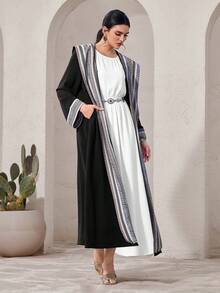 Al Najma Modest Geometric Print Hooded Long Sleeve Arabic Abaya Jacket For Women, Abayas Dress Modest Abayas Muslim Women - Black - View 6