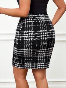 SHEIN Lady Chân váy ôm sát thanh lịch dành cho nữ, họa tiết răng cưa, có túi và trang trí cúc. - màu đen - Xem 2