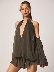 MISSGUIDED Halter Plunge Neckline Chiffon Mini Dress With Off Shoulder Balloon Sleeves And Ruched Waist Detail For Party Evening - Olive Green - View 1