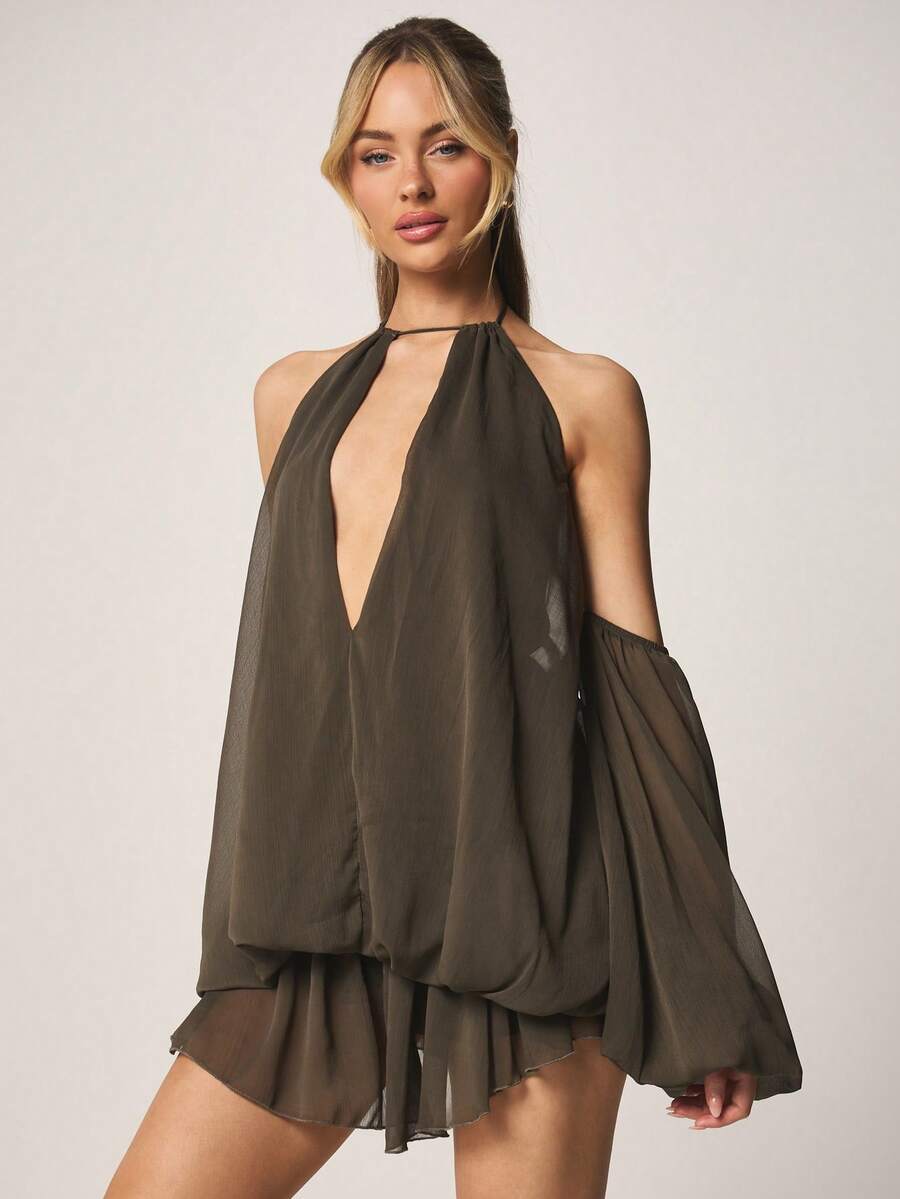 MISSGUIDED Halter Plunge Neckline Chiffon Mini Dress With Off Shoulder Balloon Sleeves And Ruched Waist Detail For Party Evening - Olive Green - View 1