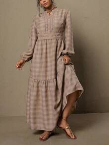 SHEIN LUNE 大码春季女装休闲夏季度假套装 AI-Adha 优雅女士格子长袖修身腰部设计魅力A字长裙端庄连衣裙 - 杏色 - 查看 6