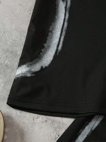 Coolqubz 2件套青少年男童深色系短袖套装，时尚简约印花手绘图案设计，舒适贴身，街头风，休闲日常穿着 - 黑色 - 查看 5