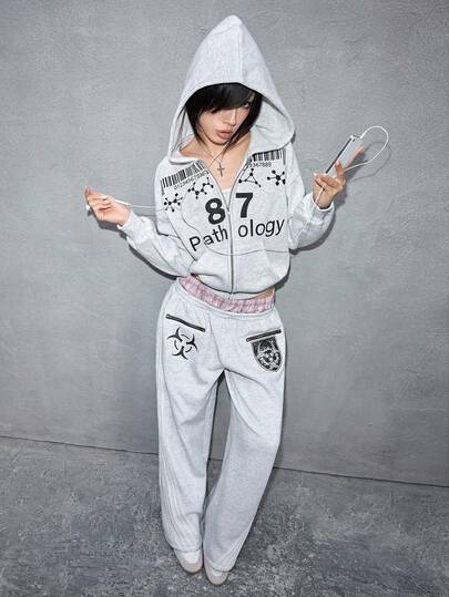 ROMWE Avant 2 Stücke lässiger Streetwear Y3k Stil Hoodie Set mit Doppelter Taille