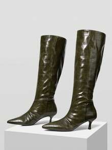 MOTF PREMIUM WOMEN CROCODILE EMBOSSED POINT TOE KNEE-HIGH BOOTS VALENTINE'S DAY - Olive Green - View 4