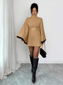 SHEIN Elenzya Women's Poncho Flare Sleeve Wool Blend Casual Elegant Streetwear Commute Business Romantic Date Party Christmas Autumn/Winter Apricot Overcoat - Khaki - View 3