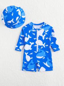 新生儿鲨鱼鲸鱼印花长袖拉链防晒泳衣 - 藍白色 - 查看 3