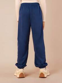 SUMWON 罗纹海军蓝运动裤，白色侧条纹，蝴蝶结装饰，弹性腰带，休闲度假风 - 藏蓝色 - 查看 2