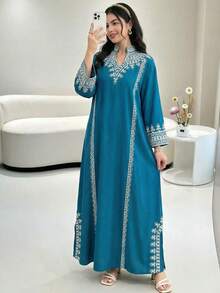 SHEIN Áo choàng dáng chữ A tay loe rộng, cổ đứng, in họa tiết retro, kiểu dáng nghỉ mát dành cho thiếu nữ. - Màu xanh lam - Xem 1