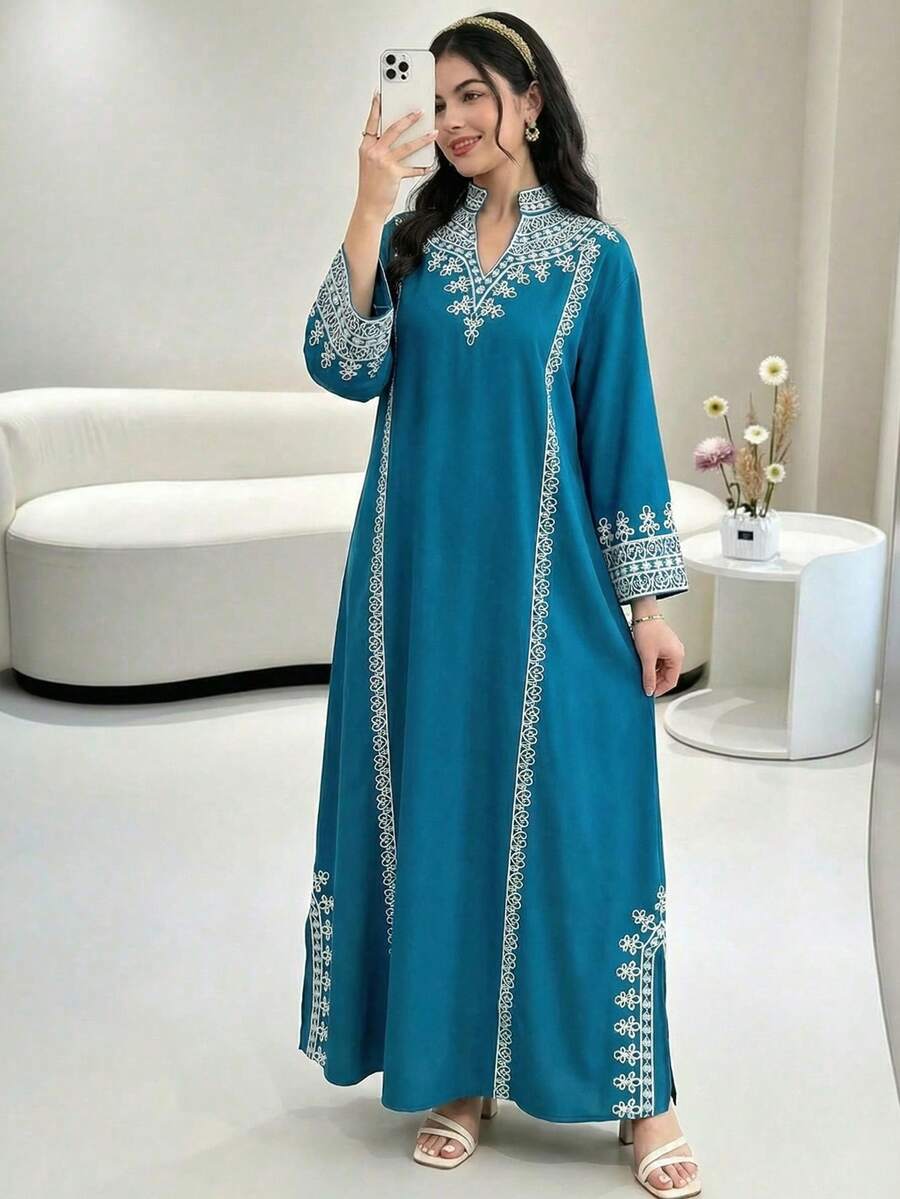 SHEIN Áo choàng dáng chữ A tay loe rộng, cổ đứng, in họa tiết retro, kiểu dáng nghỉ mát dành cho thiếu nữ. - Màu xanh lam - Xem 1