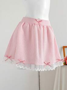 Comfortcana Chân váy chữ A nữ kiểu dáng thường ngày dễ thương, họa tiết sọc, trang trí nơ, thêu họa tiết và viền lưới, thích hợp cho mùa hè. - Hồng - Xem 1