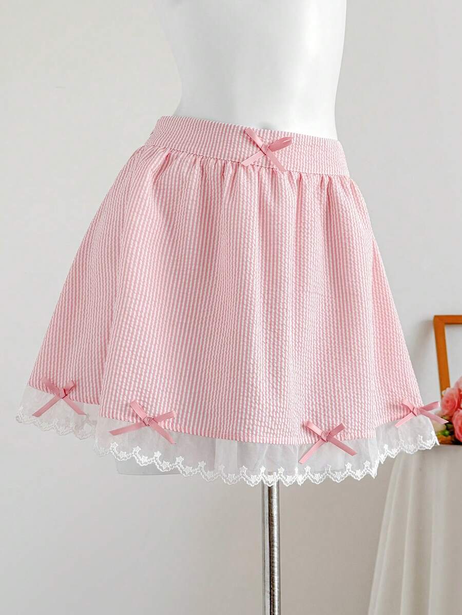 Comfortcana Chân váy chữ A nữ kiểu dáng thường ngày dễ thương, họa tiết sọc, trang trí nơ, thêu họa tiết và viền lưới, thích hợp cho mùa hè. - Hồng - Xem 1