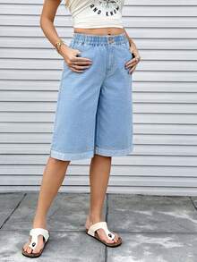 Breezaya Women's Button Waist Design Pocket Loose Casual Denim Shorts - Blue - View 5