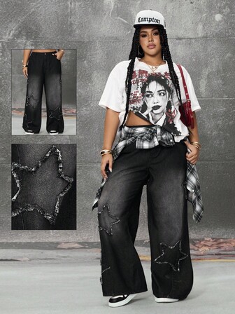 Grunge Punk سراويل جينز فضفاضة كاجوال ذات خصر عالي مع رقعة نجمة خماسية الأضلاع وحافة مبهترة للمرأة البدينة