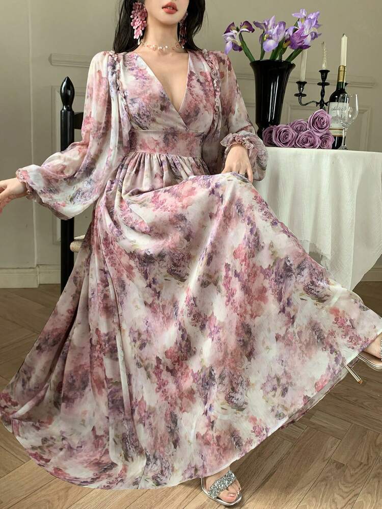 Women's V-Neck Floral Allover Print Waist Cinched Dress, Vacation Style Sundress Boho
