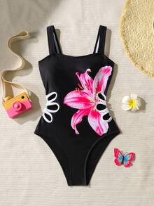 Emery Rose Kids Emery Rose Kids Áo tắm liền thân dáng rộng, họa tiết hoa, khoét eo, thích hợp cho bé gái tuổi teen, mùa hè, đi biển, màu đen. - màu đen - Xem 7