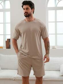Men's Solid Color Apricot Short Sleeve T-Shirt And Shorts Pajama Set, Summer - Apricot - View 3