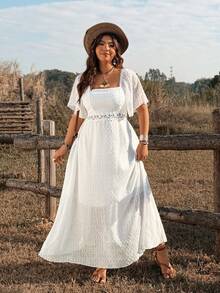 Ceyna Plus Size Solid Color Textured Elegant Lace Patchwork Sweet Fresh Casual Dress - White - View 3