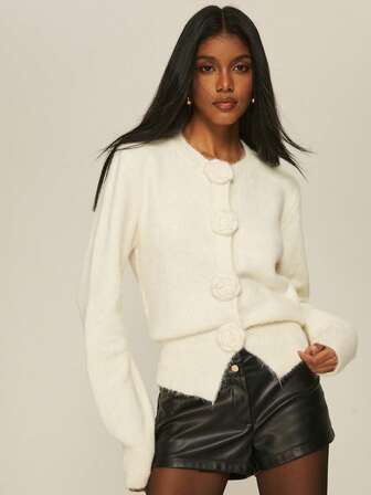 ATUI Studio Gray Vintage 3D Floral Cardigan, Long Sleeve Knitted Sweater Jacket, Fashion, Simple, Versatile, Casual Style Loose Fit Knitwear Outerwear For Women, Autumn,Sweaters For Women