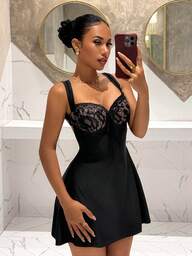 Slaydiva Neues elegantes, sexy französisches Valentinstag-Date-Party-Reise-Urlaubs-A-Linien-Kleid - Schwarz Spitze & Satin Patchwork