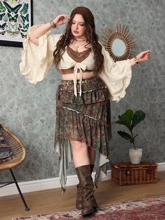 Hippie Plus Size Women Floral Print Elastic Waist Ruffle Hem Asymmetric Hem Skirt