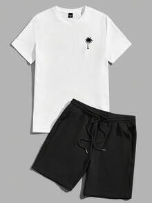 EASEVO Bộ đồ nam cỡ lớn gồm áo thun ngắn tay in hình cây cọ và quần short cạp chun, kiểu dáng thường ngày. - Đen và trắng - Xem 3