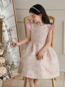 Glamorique Kids 女童（小号）春夏休闲时尚公主连衣裙，提花面料，花卉图案，收腰设计，无袖带荷叶袖，后背蝴蝶结设计，优雅公主风连衣裙，适合春夏穿着，年轻女孩，高端、优雅、淑女风，适合日常外出、度假、派对、节日等场合。 - 粉色 - 查看 7