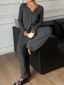 DAZY 2pcs Women Polka Dot Print Fitted Cardigan Long Sleeve And Pants Pajama Set - Dark Grey - View 3