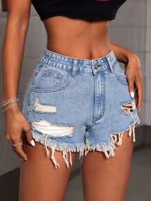 SHEIN Tall Shorts vaqueros de mujer con dobladillo deshilachado y efecto desgastado, casual de verano - Azul - Ver 3