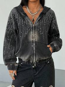 SHEIN Women's Casual Washed Rhinestone Zip-Up Hooded Denim Jacket, Autumn - Black - View 3