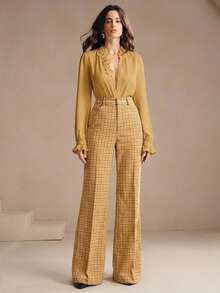 Anewsta Women's Plaid Print Trousers With Rivet Pockets, Elegant Business Casual Flare Pants For Spring/Summer Commute - Multicolor - View 7