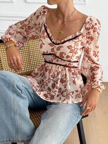 SHEIN Frenchy 女士休闲树叶花卉印花收腰撞色V领长袖衬衫，春季完美之选。花卉衬衫，女士度假装，女士休闲衬衫，优雅女士衬衫，女士外出上衣，情人节，春季女士度假胜地 - 彩色 - 查看 7