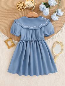 1 pieza Vestido para niñas jóvenes con cuello Peter Pan, bordado floral, mangas abullonadas y lazo azul, vestido de princesa de verano para el 7º cumpleaños, a juego con la familia, lindo y casual para primavera - Azul - Ver 10