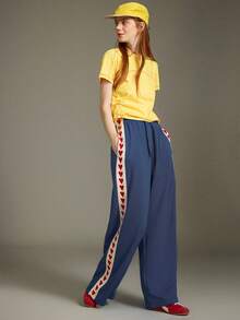 Elnivra Preppy Style Y2K Women's New Retro Grey Blue Wide Leg Drawstring Pants, Elastic Waist Loose High Waist Pants With Heart Woven Belt, Collegiate & Hip Hop Style Sweatpants Wide Pants Palazzo Pants Women Wide Leg Pants Woman Loose Pants - Blue - View 4