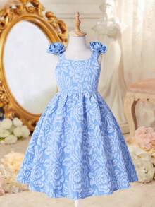 Young Girl Elegant Party Jacquard 3D Floral Decor Dress - Blue - View 4