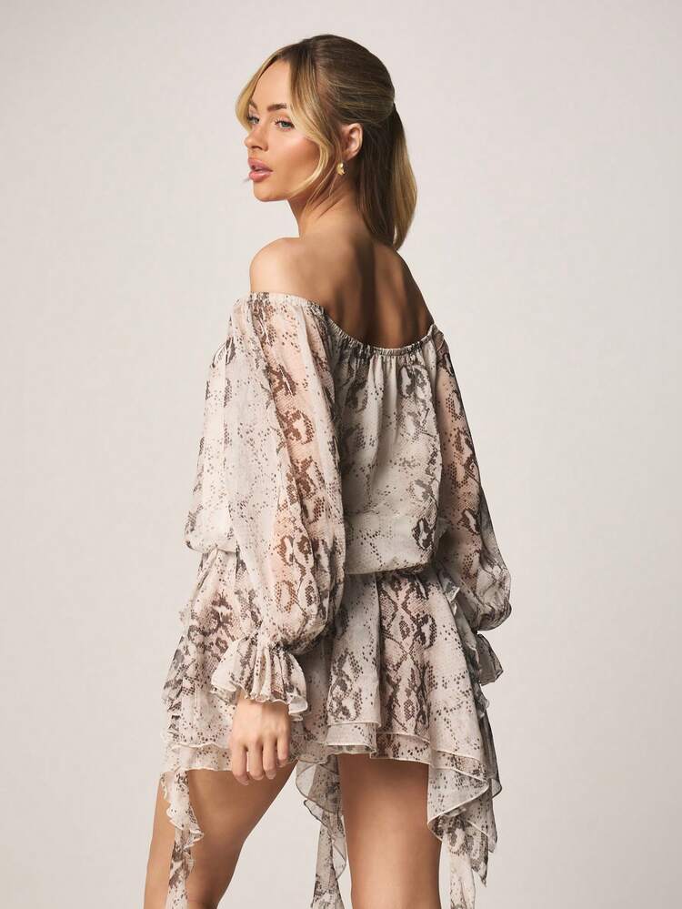 MISSGUIDED Off Shoulder Snake Print Mini Dress Long Puff Sleeve Ruffle Detail Party Evening Special Occasion Women Spring Summer Chiffon Blouson Dress