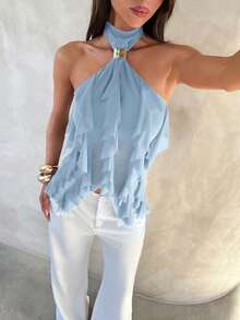 Aloruh Women's Elegant Multi-Layer Ruffle Trim Stand Collar Fitted Tank Top - Baby Blue - View 6
