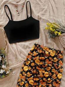 Soleia 休闲复古优雅波西米亚风印花舒适保暖吊带背心和长裙两件套，适合秋冬季穿着。 - 彩色 - 查看 3