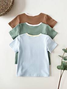 SHEIN 3pcs/Set Baby Boys' Casual Colorblock Pocket Short Sleeve Top, Versatile For Outings, Home, Daily Wear, Spring/Summer - Multicolor - View 2