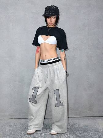 ROMWE Avant Pantaloni casual larghi da donna con vita con laccio e stampa a lettere